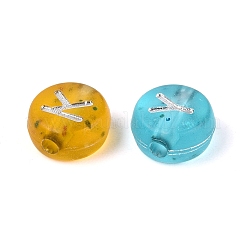 透明なアクリルビーズ  アルファベット付きフラットラウンド  グリッターパウダー付き  ミックスカラー  6.5~7x3.5~4mm  穴：1.5~1.6mm  約3846個/500g&nbsp;TACR-Q013-02B-M
