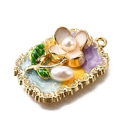 合金エナメルチャーム  ABSの模造パールと  花のチャームが付いた長方形  ラックめっき  長持ちメッキ  鉛フリー＆カドミウムフリー＆ニッケルフリー  ゴールドカラー  カラフル  27x19x6.5mm  穴：1.5mm&nbsp;ENAM-K076-02B-G