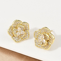 Flower Brass Micro Pave Clear Cubic Zirconia Stud Earrings&nbsp;X-EJEW-M082-19G