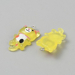 ルミナス透明レジンペンダント  猫のチャーム  鉄のループとグリッターパウダー付き  暗闇で光る  きいろ  30x15.5x7mm  穴：2mm&nbsp;FIND-CJC0437-029P-05
