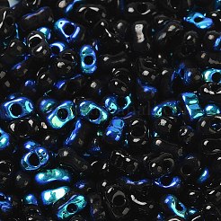 電気メッキツートンガラスシードビーズ  メタリックカラーの丸い穴  ピーナッツ  ブルーメッキ  6~6.5x3~3.5x3~3.5mm  穴：1~1.2mm  約4500個/ポンド。&nbsp;SEED-F005-09A-04