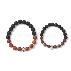 2Pcs 2 Styles Halloween Natural Wood & Lava Rock Round Beads Stretch Bracelets&nbsp;BJEW-JB12351