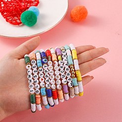10pcs10スタイル励ましワードポリマークレイヘイシサーファーストレッチブレスレットセットハート  女性のための心を持つ幸運なプレッピーブレスレット  ミックスカラー  内径：2-1/8インチ（5.5cm）&nbsp;BJEW-SW00041