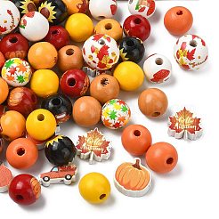 100個 15スタイル ラウンド＆フラワーウッドヨーロピアンビーズ  ミックスカラー  9~20x16~20x5~19.5mm  穴：2~4.5mm&nbsp;WOOD-CJ0002-45