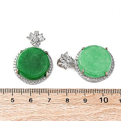 染められた天然ミャンマー翡翠の花のフラットラウンドいペンダント  真鍮透明キュービックジルコニア宝石チャーム  プラチナ  グリーン  31.5x22x8mm  穴：9x3.5mm&nbsp;KK-Q050-01A
