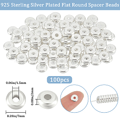 真鍮製スペーサービーズ100個  長持ちメッキ  フラットラウンド  925銀メッキ  7x2mm  穴：1.5mm&nbsp;KK-BBC0010-65