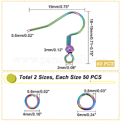 レインボーカラー304ステンレススチールフレンチピアスフック60個  水平ループ付き  100PCS丸カン  19x18~19mm  穴：2mm  22ゲージ  ピン：0.6mm&nbsp;DIY-UN0003-60