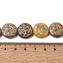 塗装ガラスビーズ連売り  ゴールドライン入り  花付きフラットラウンド  カラフル  16~16.5x6.5~7mm  穴：1.2mm  約22個/連  13.78''（35センチメートル）&nbsp;GLAA-Z021-18A