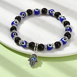 Natural Black Onyx & Rhinestone & Evil Eye Beaded Stretch Bracelets&nbsp;BJEW-TA00448