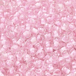 透明なガラスの丸いシードビーズ  色の内側  ラウンド  パールピンク  6/0  4x3mm  穴：1.2mm  約7258個/ポンド&nbsp;SEED-B001-05A-30