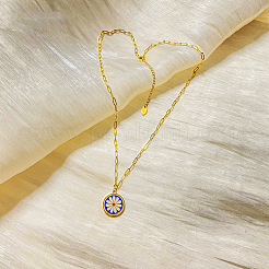 303 Stainless Steel Enamel Flat Round with White Flower Pendant Necklaces for Women&nbsp;FS-WGC7F5D-01