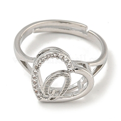 Heart with Letter Rack Plating Brass Micro Pave Cubic Zirconia Adjustable Rings for Women&nbsp;RJEW-I105-06P-Q