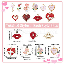 80本10スタイルアロイエナメルペンダント  ラインストーンやアクリルビーズで  ローズ/リップ/ハート  バレンタインデーの  ミックスカラー  13~21x7~21x1.5~5mm  穴：1.5~4mm  8個/スタイル&nbsp;ENAM-SC0004-52