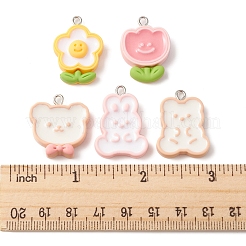10個5スタイル不透明樹脂ペンダント  かわいいチャーム  プラチナトーンの鉄ループ付き  花とウサギとクマ  ミックスカラー  24.5~29x18.5~22.5x4.5~6.5mm  穴：2mm  2個/スタイル&nbsp;RESI-FS0001-54