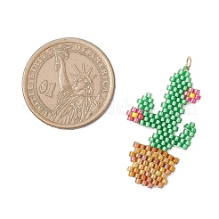 ガラスシードビーズのサボテンペンダント  304ステンレススチール製丸カン付き  18KGP本金メッキ  グリーン  36x20x2mm  穴：3mm&nbsp;PALLOY-MZ00898-03