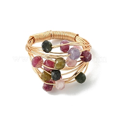 Copper Wire Wrapped Natural Tourmaline Rondelle Bead Finger Rings&nbsp;RJEW-JR01033