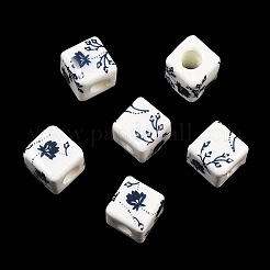花柄プリントの磁器ビーズ  花柄のセラミックビーズ  キューブ  マリンブルー  10x10x10mm  穴：4mm&nbsp;X-PORC-Q161-6