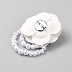 布製の花のブローチ  プラスチック製の模造真珠ビーズチェーン付き  ホワイト  119x72x33mm&nbsp;JEWB-WH0028-32A