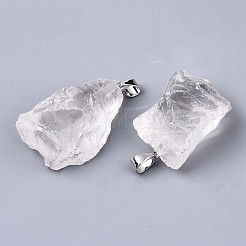 生のラフ天然水晶ペンダント  ロッククリスタルペンダント  プラチナメッキの鉄のベイル付き  ナゲット  30~50x25~30x13.5~18.5mm  穴：5.5x3.5mm&nbsp;X-G-N0326-52