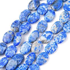 天然石ラピスラズリビーズ連売り  フラットオーバル  14x10x4~5mm  穴：0.7mm  約28~29個/連  15.35''~15.55'（39~39.5センチメートル）&nbsp;G-K311-01A-03