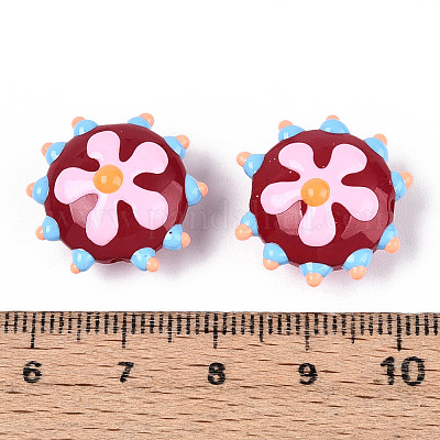 手作りランプワークビーズ  花付き凸凹したフラットラウンド  ブラウン  18.5~20x10~11mm  穴：1mm&nbsp;LAMP-T023-25D-1