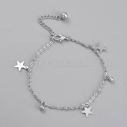 Brass Star & Round Charm Anklets AJEW-B005-12P-1