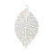 Rack Plating Brass Filigree Big Pendants, Long-Lasting Plated, Cadmium Free & Nickel Free & Lead Free, Leaf, Platinum, 54x30x0.3mm, Hole: 2.5mm