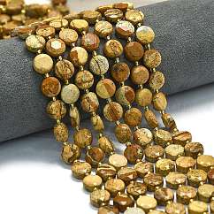 Natural Picture Jasper Beads Strands, Faceted Hexagonal Cut Coin Beads, Flat Round, with Seed Beads, 10~10.5x6mm, Hole: 1mm, about 31~32pcs/strand, 15.35''~15.55''(39~39.5cm)