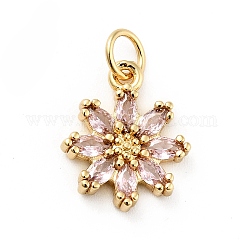 Rack Plating Brass Micro Pave Cubic Zirconia Charms, Long-Lasting Plated, Lead Free & Cadmium Free, Real 18K Gold Plated, Flower, Pink, 14.5x12x3mm, Hole: 3mm