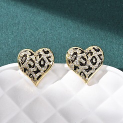 ハート真鍮マイクロパヴェクリアキュービックジルコニアスタッドピアス  エナメル  長持ちメッキ  ラックめっき  鉛フリー＆カドミウムフリー  ブラック  15.5x15.5mm&nbsp;EJEW-H178-09G-02