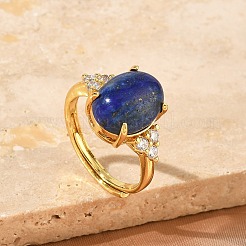 Brass Micro Pave Cubic Zirconia with Natural Lapis Lazuli Cuff Open Rings&nbsp;RJEW-T035-01G-B