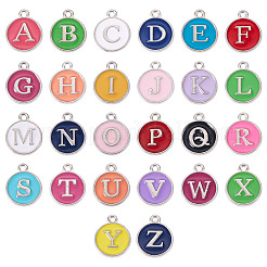 52本合金エナメルペンダント  文字 AZ 模様のチャームが付いたフラットラウンド型チャーム  プラチナ  ミックスカラー  18x15mm&nbsp;ENAM-TA0003-14