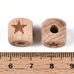 刻まれたブナの木のビーズ  染色されていない  キューブ  スター  12x12x12mm  穴：4~4.5mm&nbsp;WOOD-N015-08A