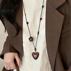 調節可能な木製ハートペンダント、黒いワックスコード、樹脂の花が付いたロングネックレス（女性用）  ココナッツブラウン  26.77インチ（68cm）&nbsp;WG3A463-01