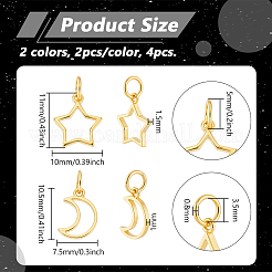 4個、2つのスタイル、925つのスターリングシルバー中空チャーム  月と星  丸カン付き  ゴールドカラー  10.5~11x7.5~10x1~1.5mm  穴：3.5mm  2個/スタイル&nbsp;STER-PH0004-71