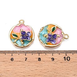 メッキ合金エナメルチャームラック  カドミウムフリー＆ニッケルフリー＆鉛フリー  ライトゴールド  フラワーチャーム付きフラットラウンド  ミックスカラー  23.5x19.5x5.5mm  穴：1.6~2mm&nbsp;ENAM-N056-411