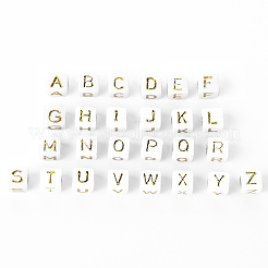 156個26スタイルの白いメッキアクリル文字ビーズ  ライン入り  金色の文字と立方体  5.5~6x5.5~6x5.5~6mm  穴：3.5mm  6个/レター&nbsp;SACR-YW0001-02