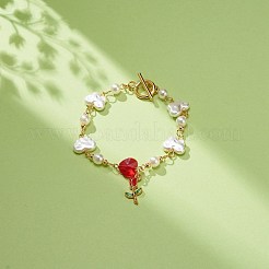 合金エナメル ローズ オブ ライフ チャーム ブレスレット  バタフライ ＆ ハート プラスチック ＆ ガラス パール ビーズ ブレスレット バレンタインデー用  レッド  7-1/2インチ（18.9cm）&nbsp;BJEW-JB08671