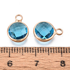 金色のトーン真鍮ガラスのチャーム  フラットラウンド  多面カット  シアン  11~12x8.5~9x3.5~4mm  穴：1.8~2mm&nbsp;GLAA-ZX008-24B-G