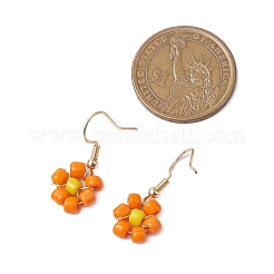 ガラスの種の花のダングルイヤリング  304ステンレススチールピアスフック  ゴールドカラー  ミックスカラー  30x13mm&nbsp;EJEW-JE06152