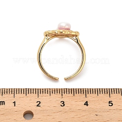 真鍮エナメルカフリング  天然淡水パールと  18KGP本金メッキ  花とオーバル  フラミンゴ  内径：16mm&nbsp;RJEW-K291-04G-01