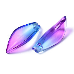 ツートン透明スプレー塗装ガラスペンダント  葉  ブルー  21.5x8x5mm  穴：1.2mm&nbsp;GGLA-S054-015D-02