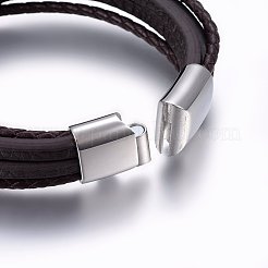 レザーコード多連ブレスレット  304ステンレススチール製マグネット留め具付き  長方形  ステンレス鋼色  8-5/8インチ（22cm）  3~24x3mm&nbsp;BJEW-E345-18P