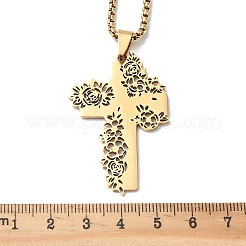 201 Stainless Steel Hollow Rose Cross Pendant Necklaces&nbsp;LS-NJEW-H065-31G