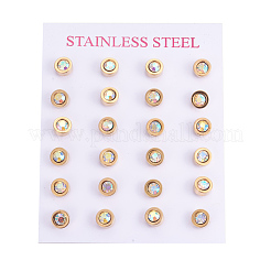 304ステンレススチール製イヤリング  ラインストーン付き  フラットラウンド  クリスタルAB  ゴールドカラー  14mm  ピン：0.7mm&nbsp;STAS-I113-01A