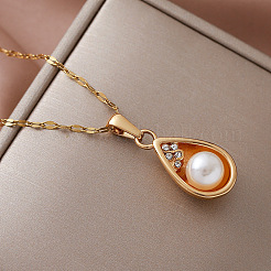 Vintage 304 Stainless Steel & Imitation Pearl Teardrop Pendant Necklaces for Women&nbsp;BR9499