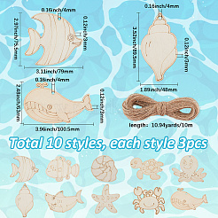 30Pcs 10 Styles Ocean Theme Unfinished Blank Wooden Pendants Set for Painting Arts&nbsp;DIY-SP0003-90