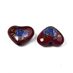 フラワープリント不透明なアクリルハートビーズ  ココナッツブラウン  16x19x8mm  穴：2mm&nbsp;SACR-S305-28-L02