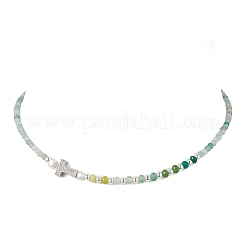 Natural Green Aventurine Faceted Round and Dyed Malaysia Jade & Pearl Beaded Necklaces with Brass Micro Pave Clear Cubic Zirconia Cross&nbsp;NJEW-JN05975-01