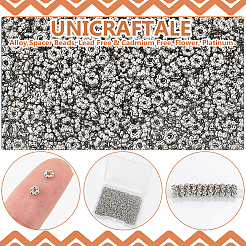 合金スペーサービーズ1000個。  鉛フリー＆カドミウムフリー  花  プラチナ  4x4x1.2mm  穴：1mm  1000個/セット&nbsp;FIND-UN0004-20P